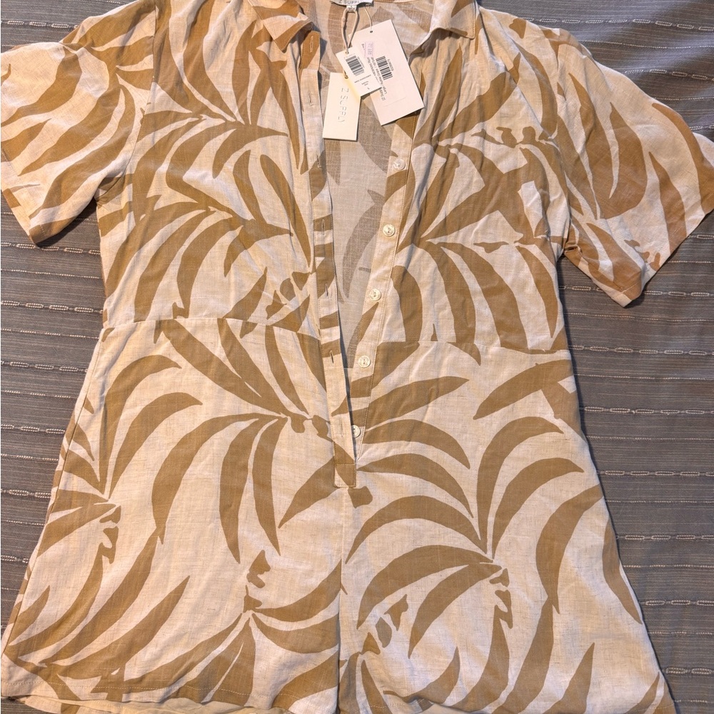 Z Supply Cream and Tan Leaf-Print Short Sleeve Romper